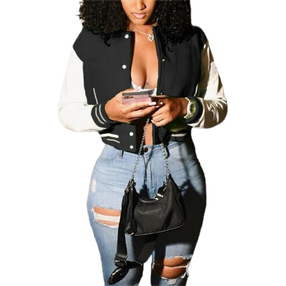 Women's Varsity Jacket Long Sleeve Button Down Bomber Jacket Streetwear Black